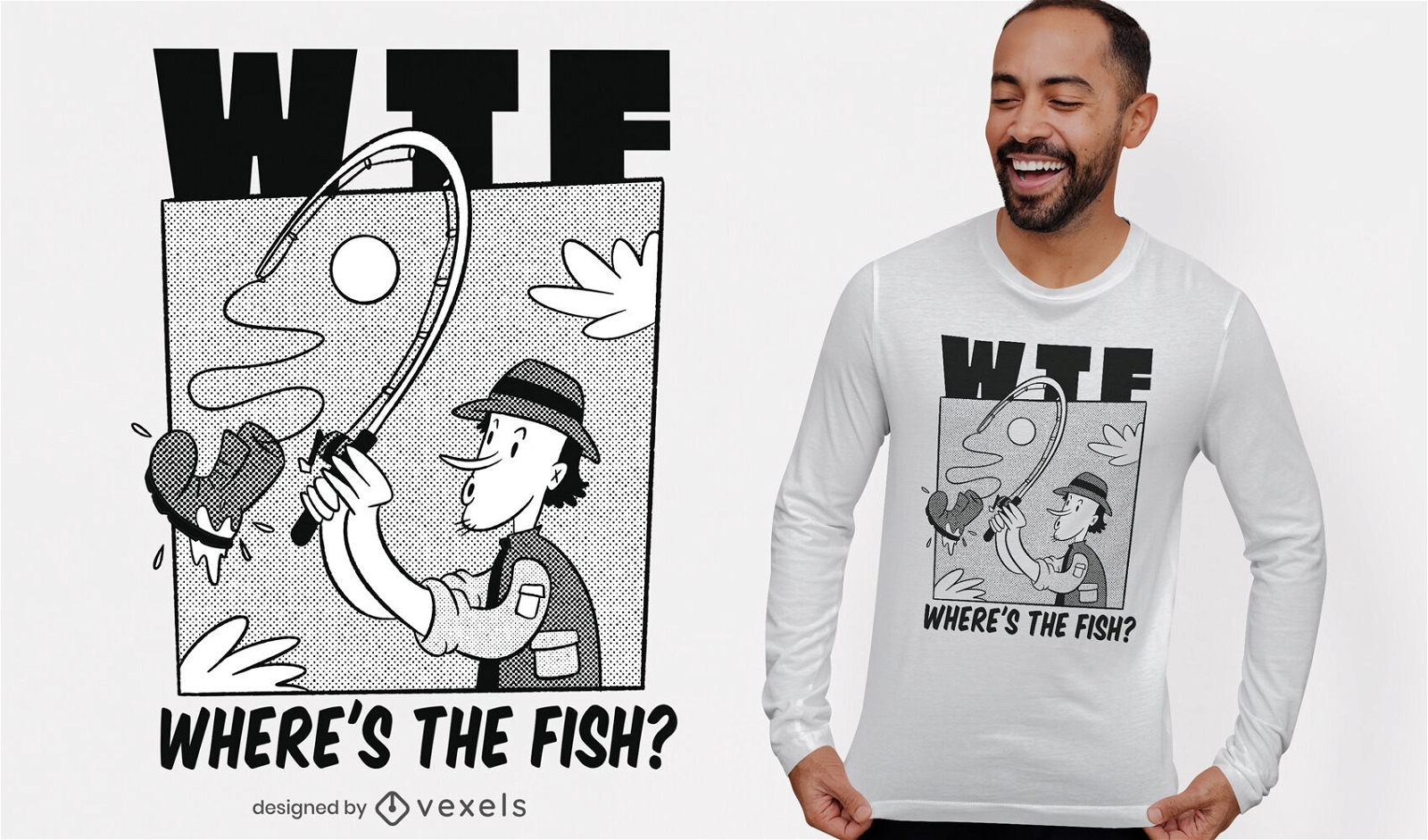 Man fishing boot cartoon t-shirt design