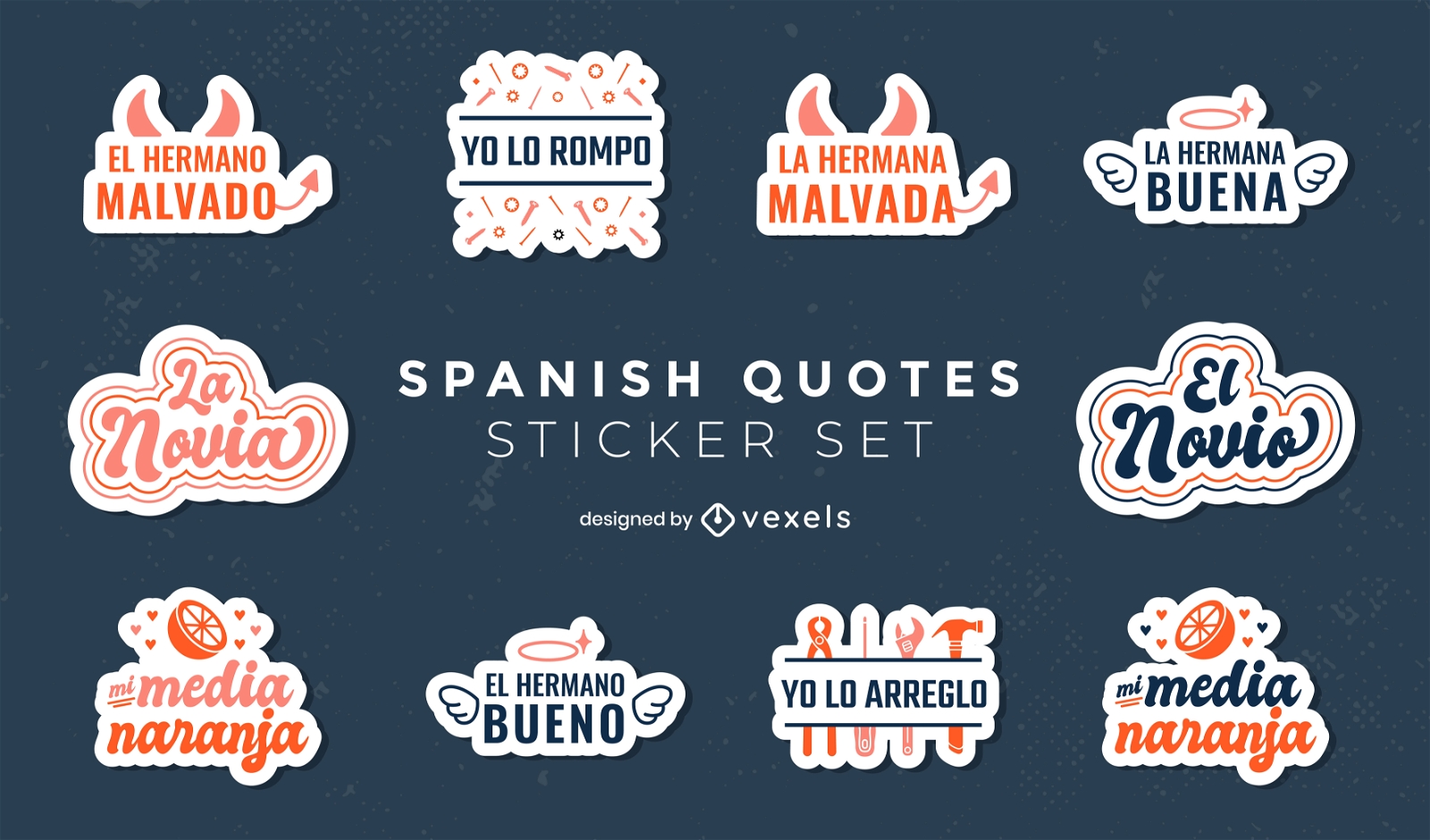 Conjunto de pegatinas de citas en español duotono