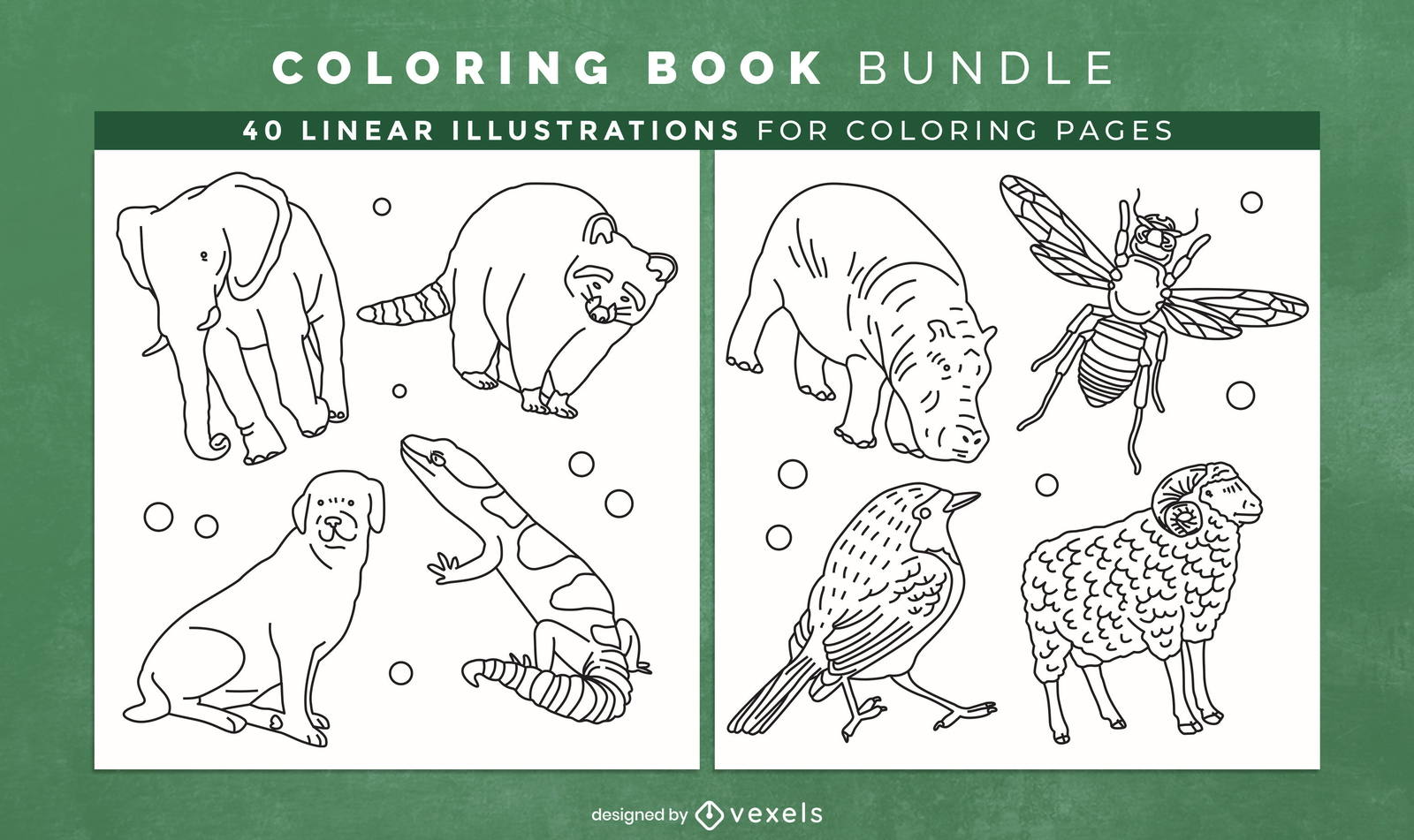 Páginas de design de livro de colorir de animais de arte de linha