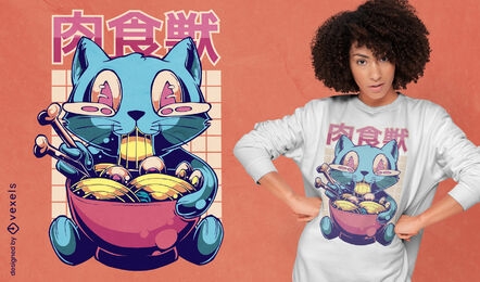 Super happy cat eating ramen t-shirt design
