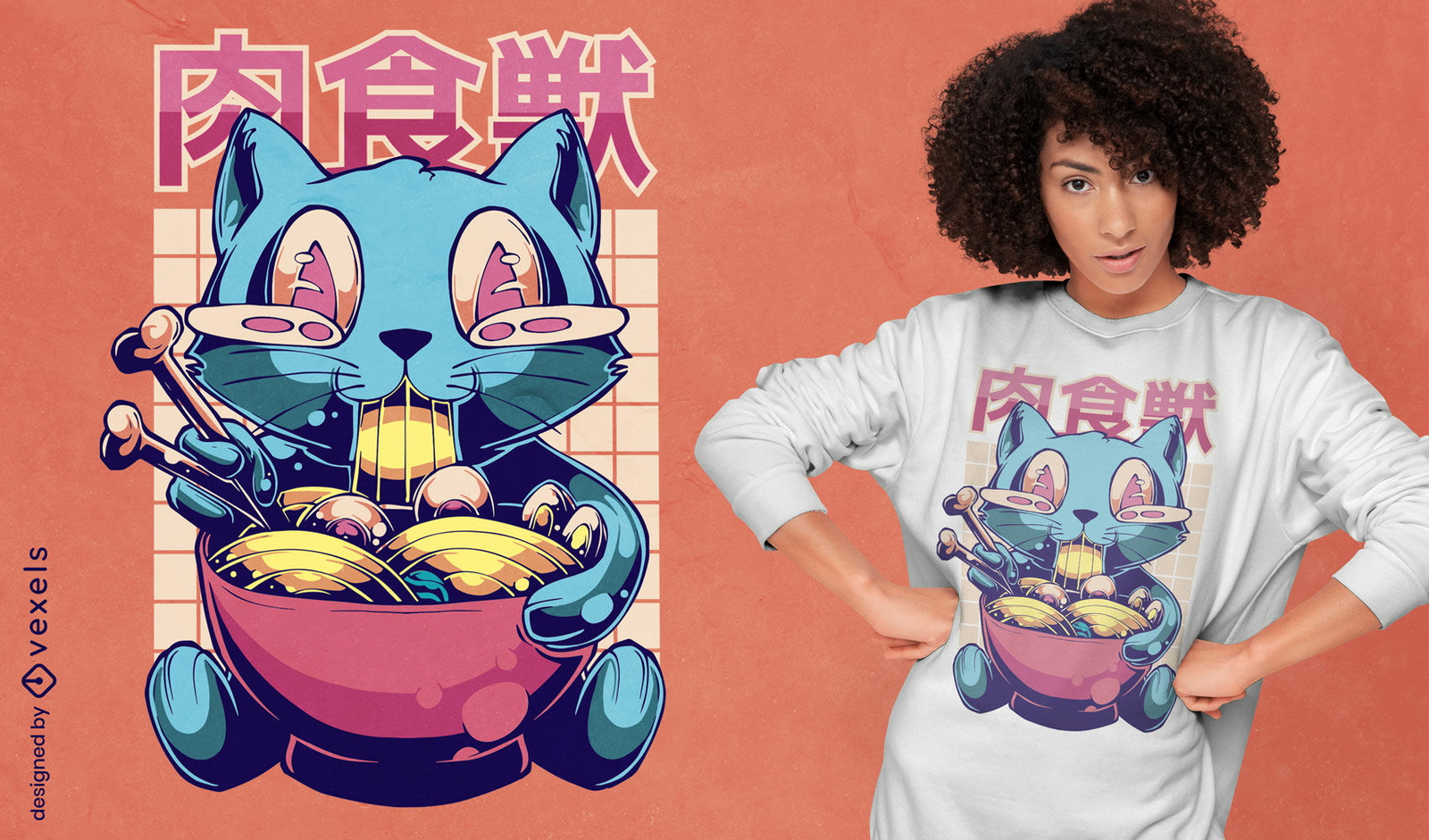 Super glückliche Katze, die Ramen-T-Shirt-Design isst