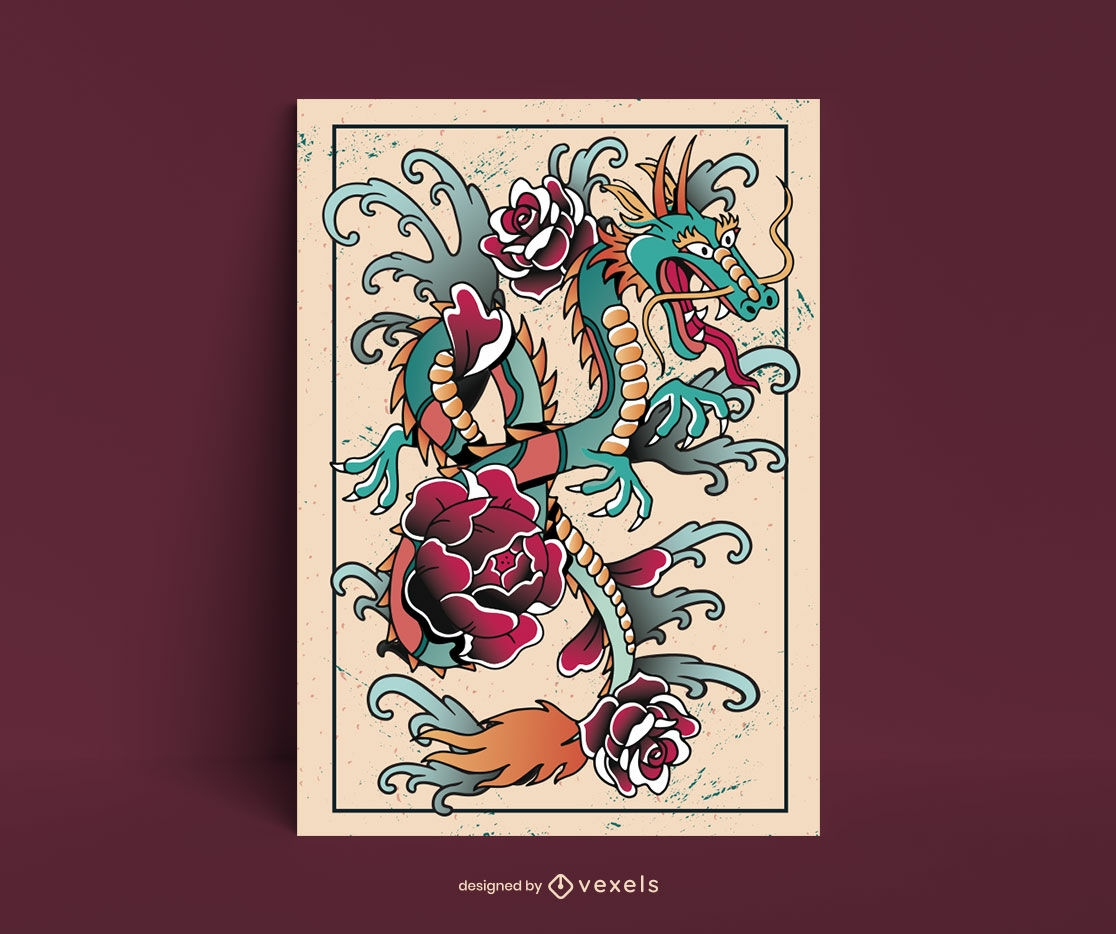 Diseño de cartel de dragón en estilo tatuaje