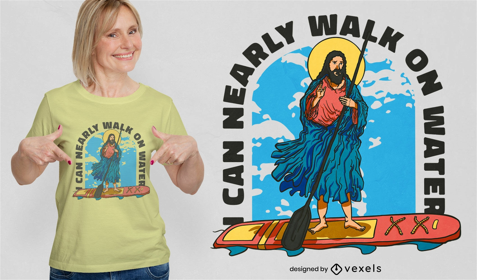 Jesús surfeando divertido diseño de camiseta