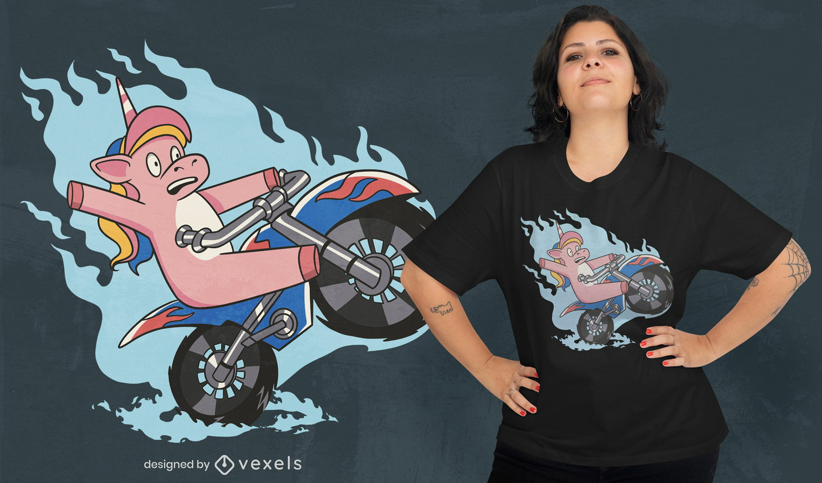 Diseño de camiseta de unicornio en moto.