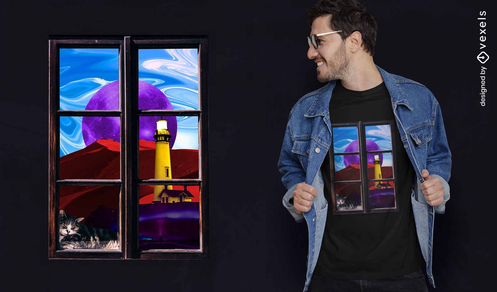 Diseño de camiseta de ventana paisaje psd