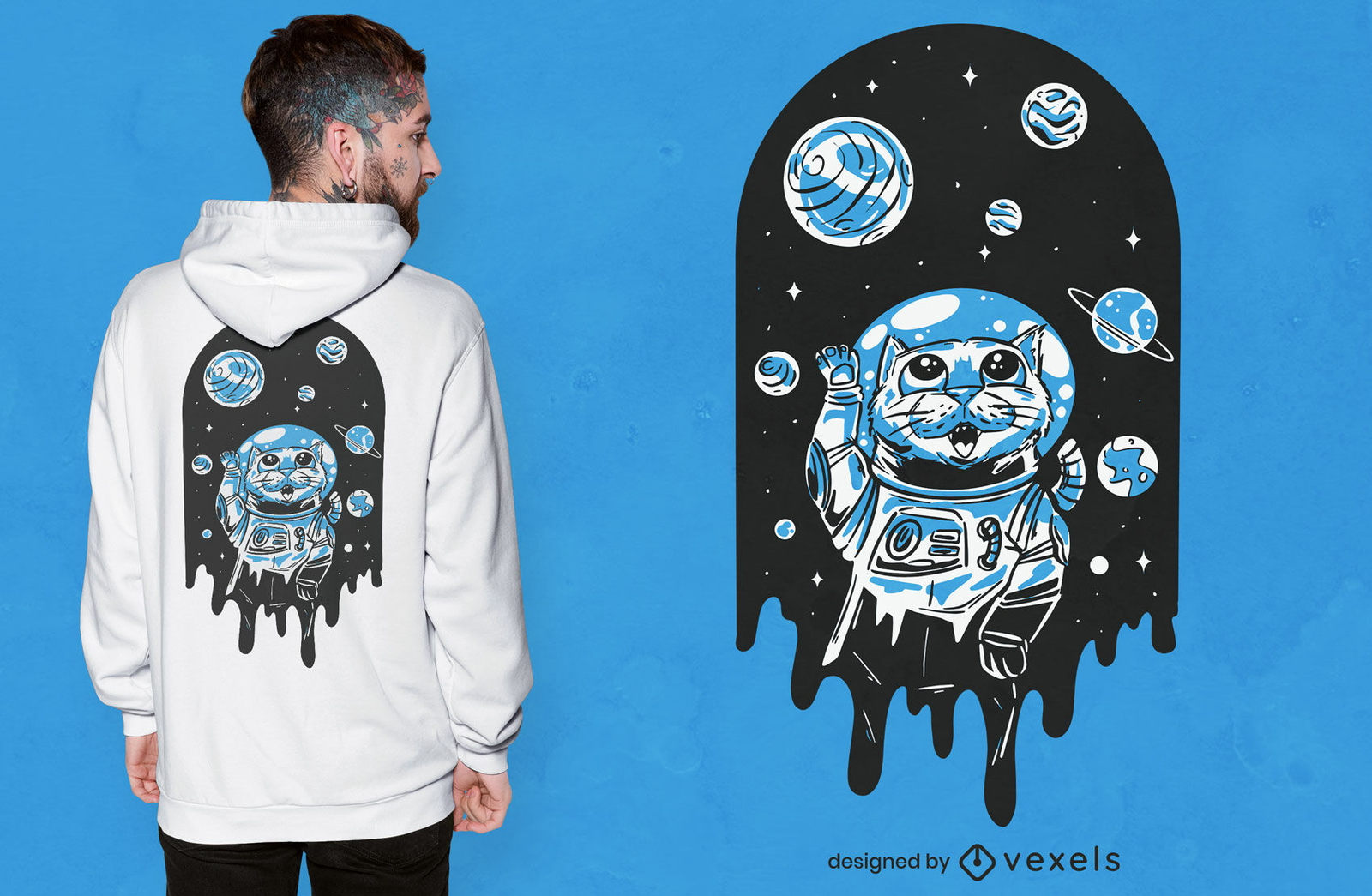 Diseño de camiseta de gato astronauta en el espacio.