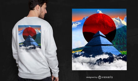 Camiseta psd de paisagem de pirâmide e montanhas