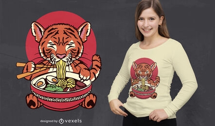 Bebê tigre comendo design de camiseta de comida ramen