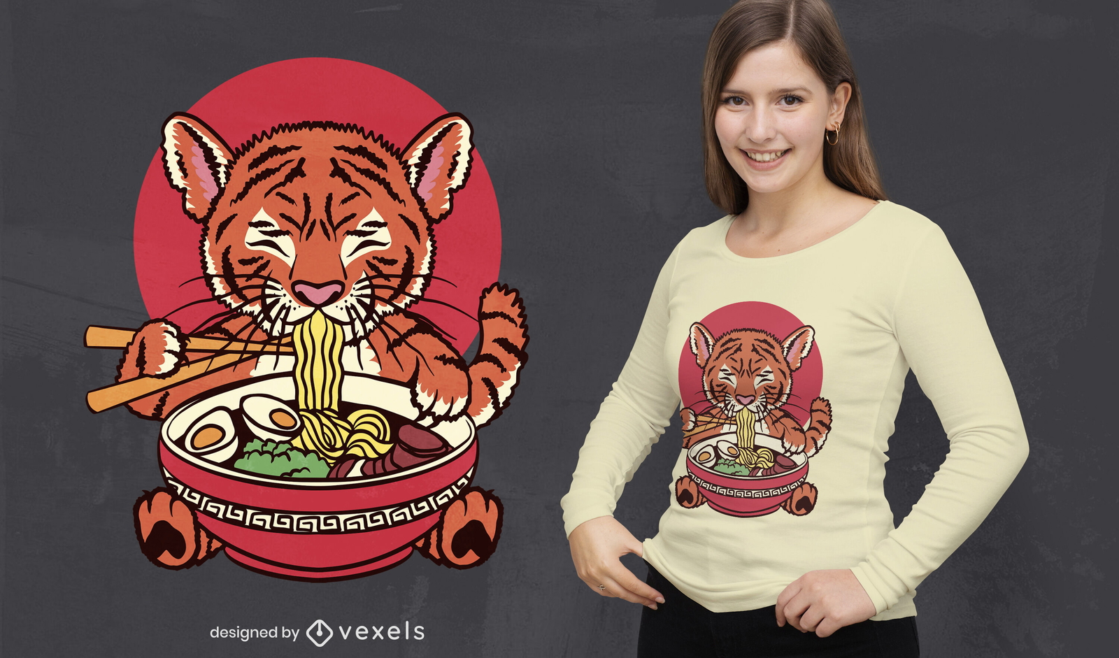 Bebé tigre comiendo diseño de camiseta de comida ramen