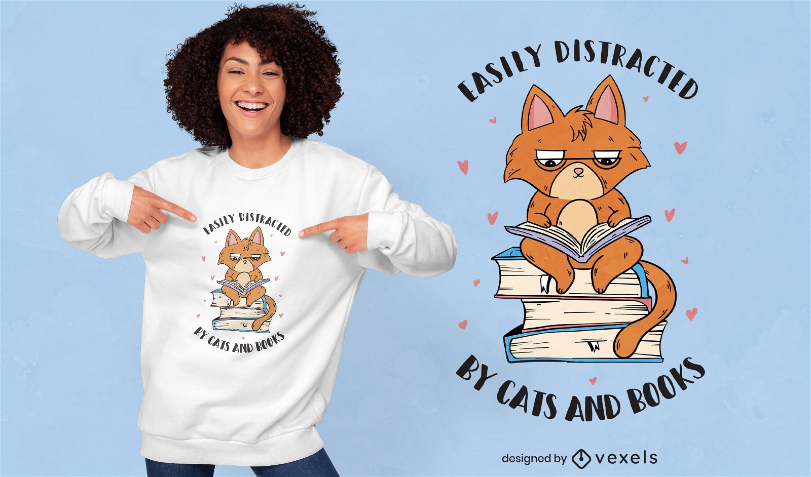 Design de camiseta de livros de leitura de animais de gato
