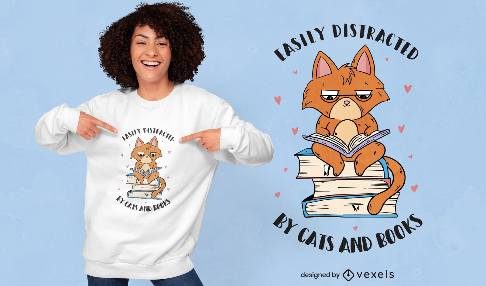 Diseño de camiseta de libros de lectura de animales de gato.