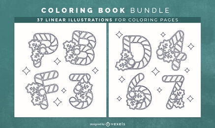 Páginas de design de livro de colorir de alfabeto de natal