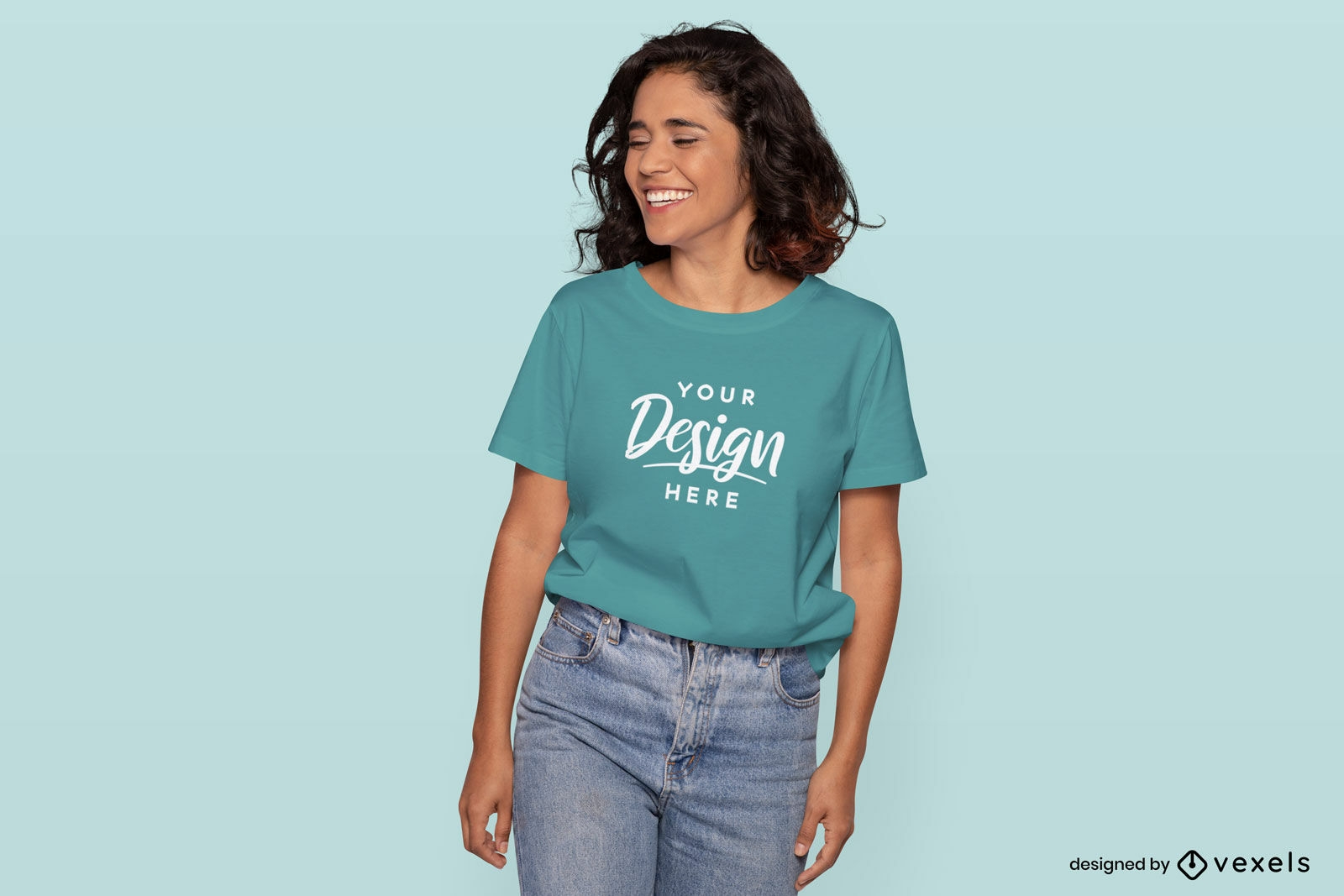 Girl in jeans t-shirt mockup design