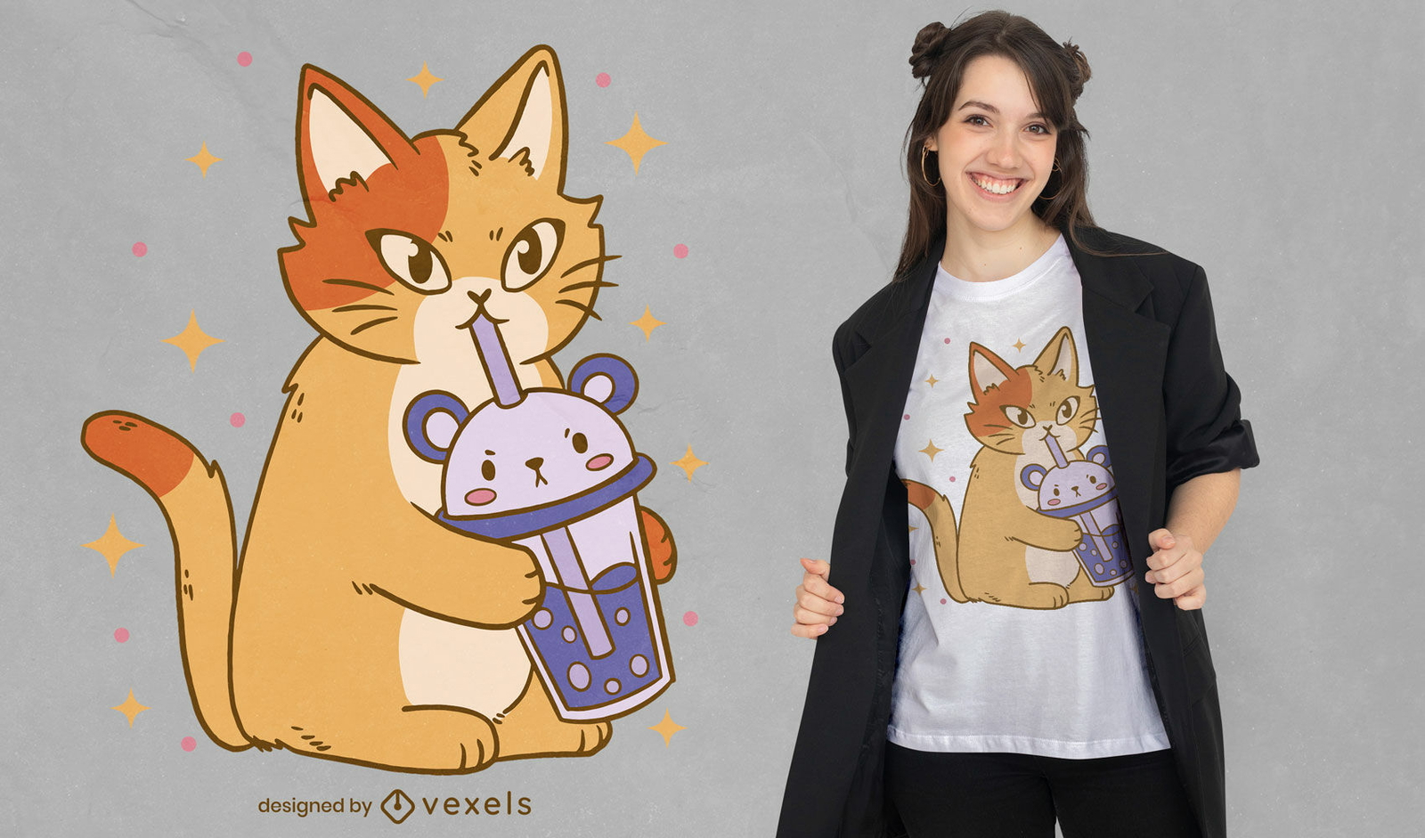 Gato animal bebiendo té de burbujas diseño de camiseta