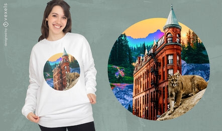 Diseño de camiseta psd de paisaje de castillo y puma