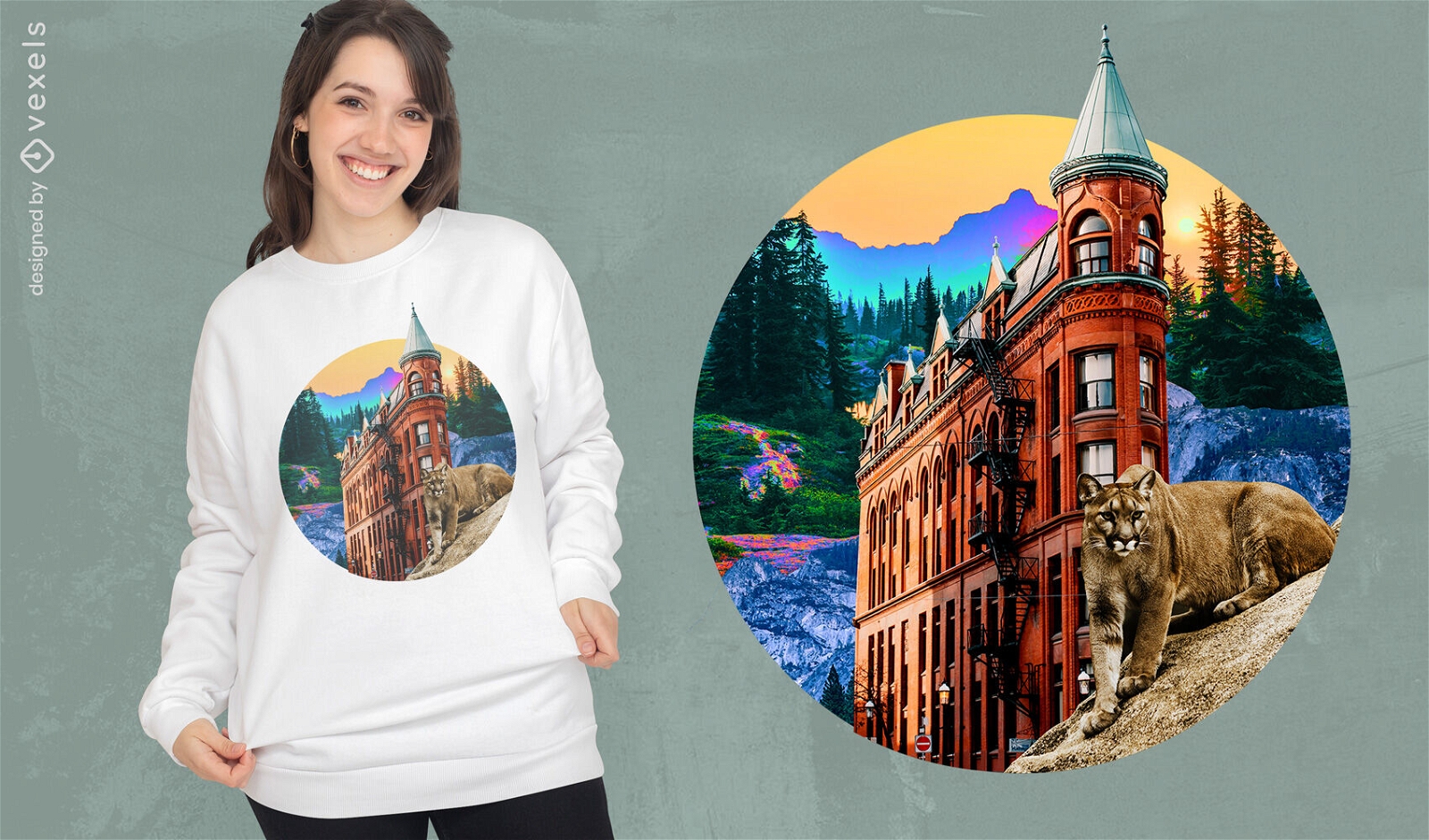 Castle and puma landscape psd t-shirt design