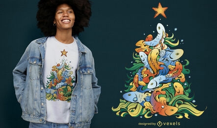 Diseño de camiseta de árbol de navidad de animales de peces