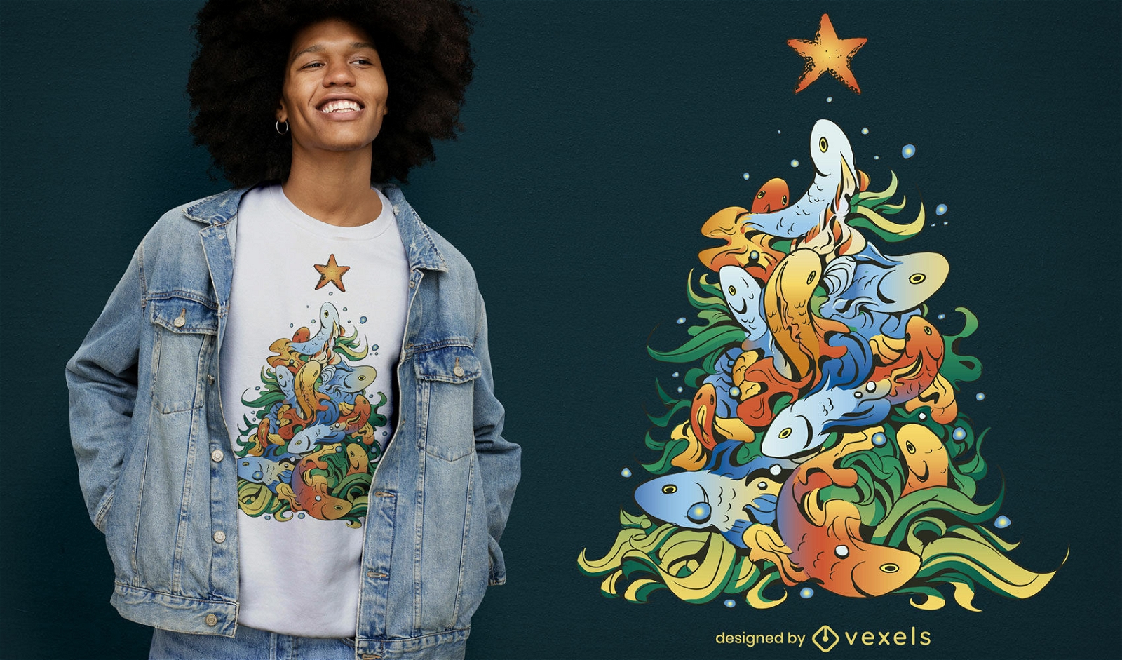 Design de t-shirt de árvore de natal de animais de peixe