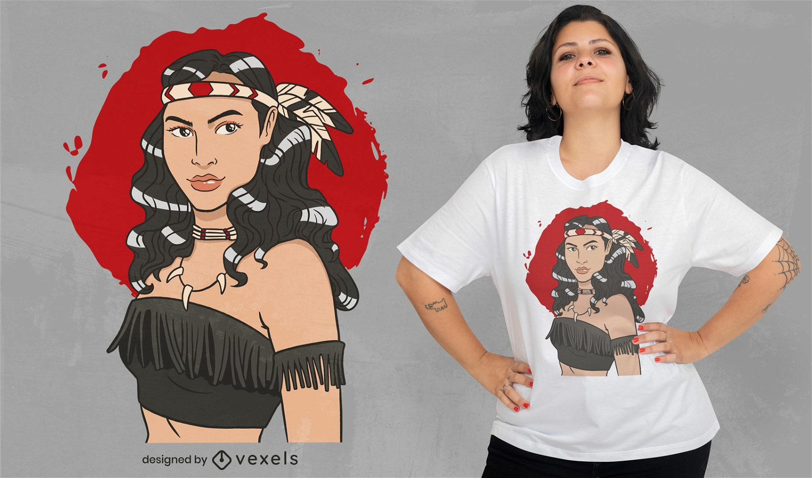 T-Shirt-Design mit Charakter der amerikanischen Ureinwohnerin