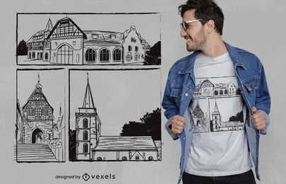 Diseño de camiseta de edificios tradicionales alemanes.