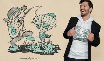 Diseño de camiseta feliz pescador y pescado.