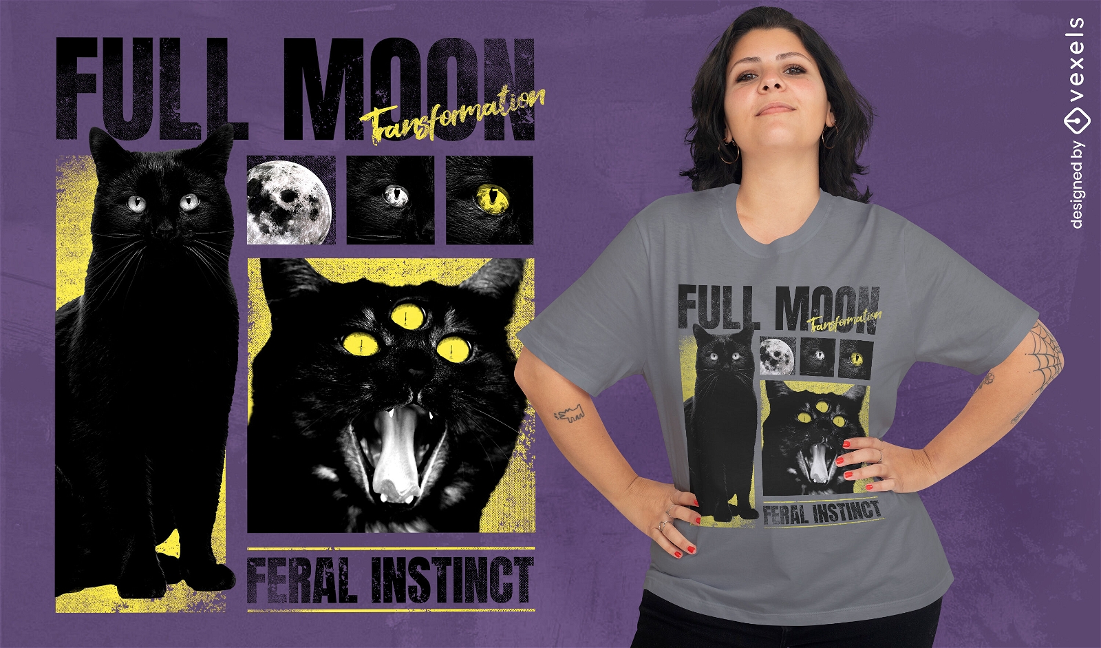Vollmond und schwarze Katze PSD-T-Shirt-Design