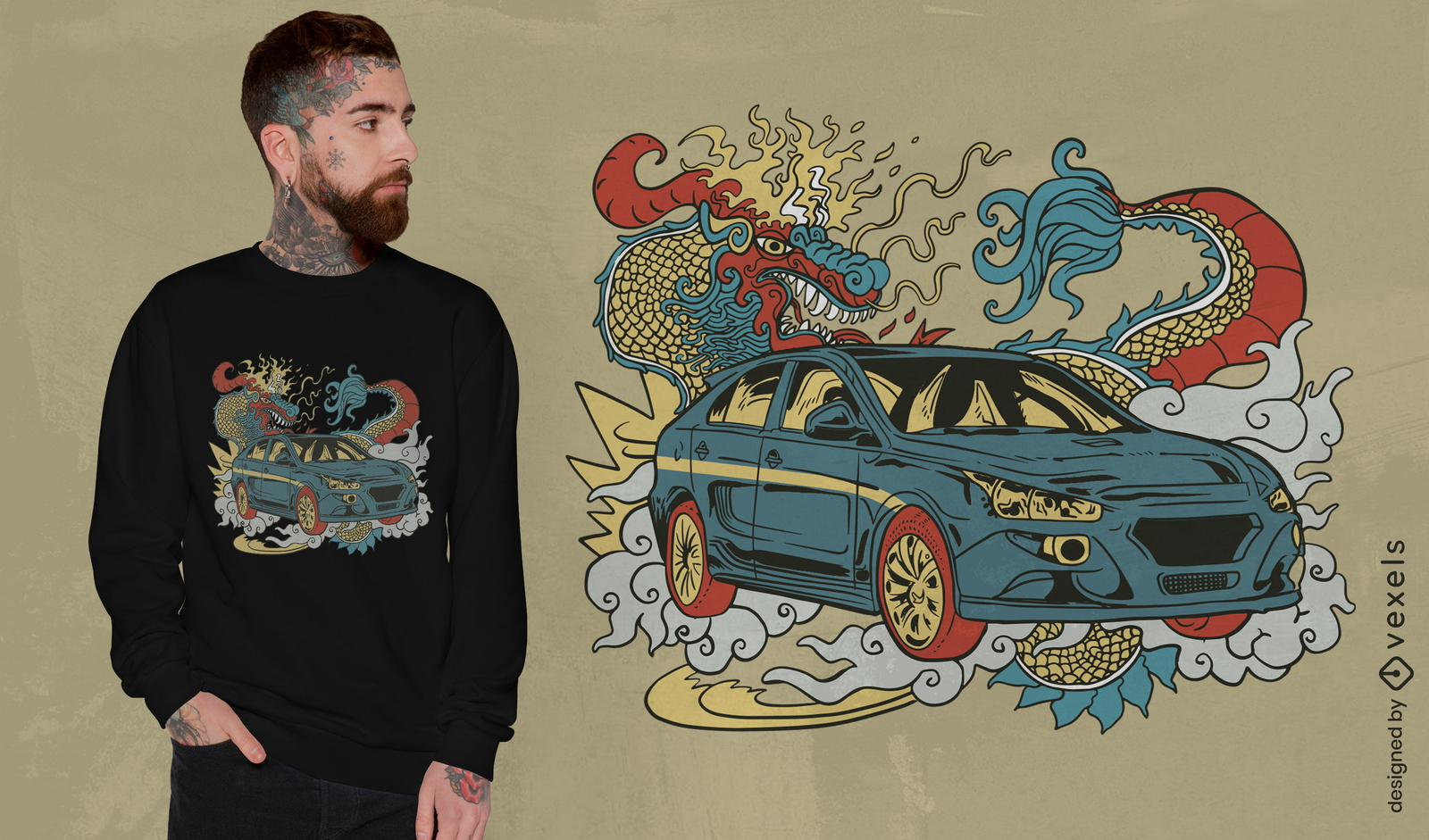 Diseño de camiseta de coche decorado con dragón.