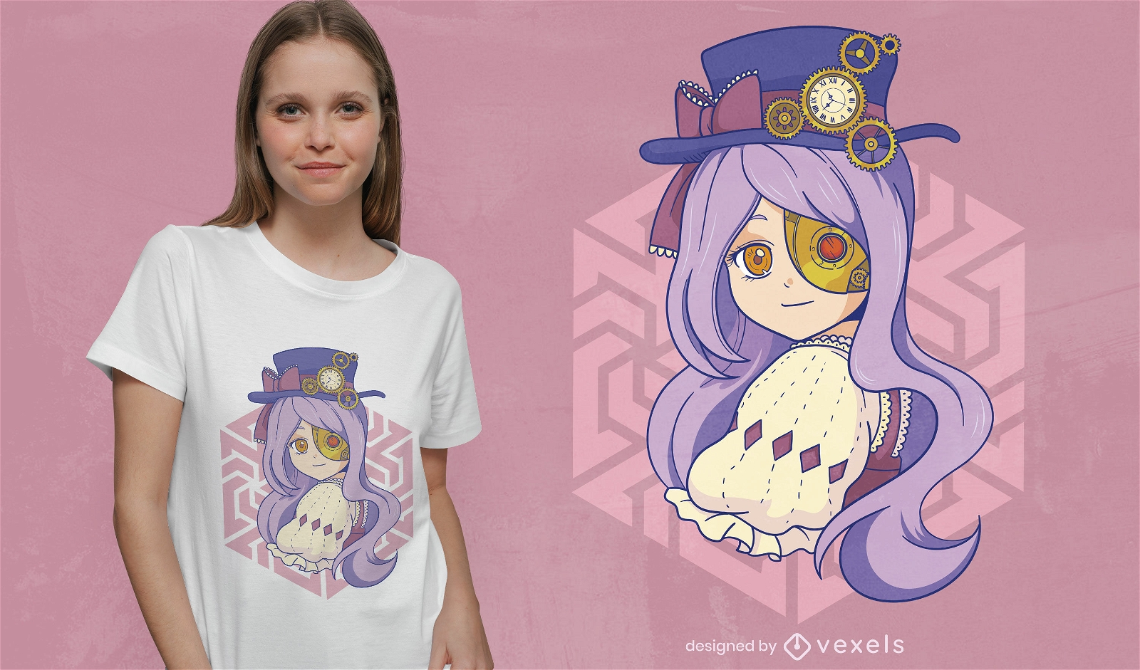 Design de camiseta de garota de anime Steampunk