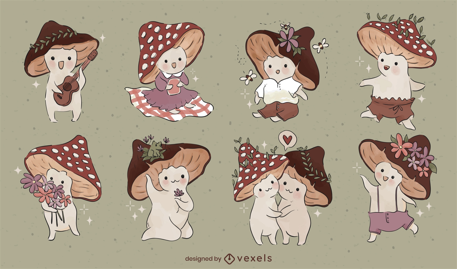 Cute fairy mushrooms character set