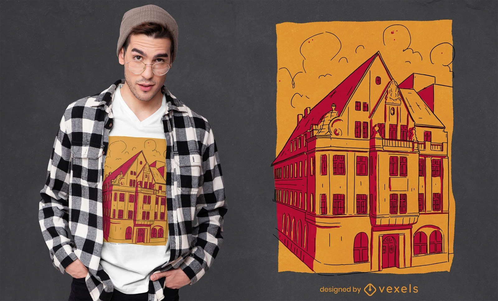 Diseño de camiseta de bosquejo de edificio antiguo