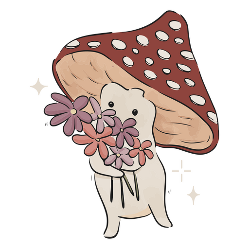 Personagem de fungos com buquê de flores Desenho PNG