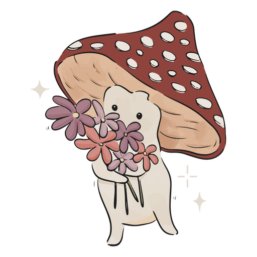 Personaje de hongos con ramo de flores. Diseño PNG