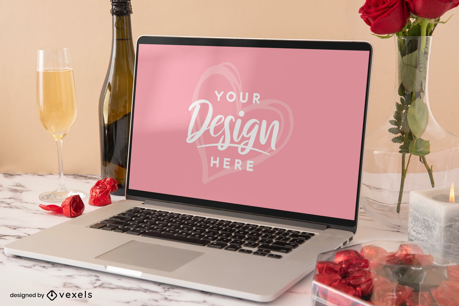 Champagne drink and flowers with computer mockup
