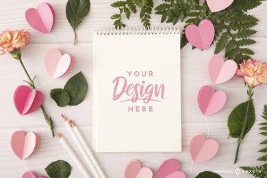Valentines day notebook with hearts mockup