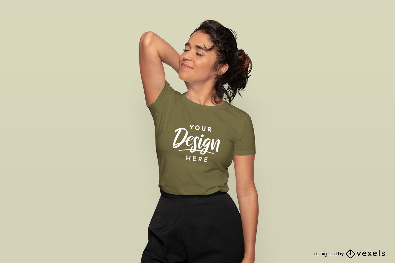 Brunette woman in ponytail and t-shirt mockup