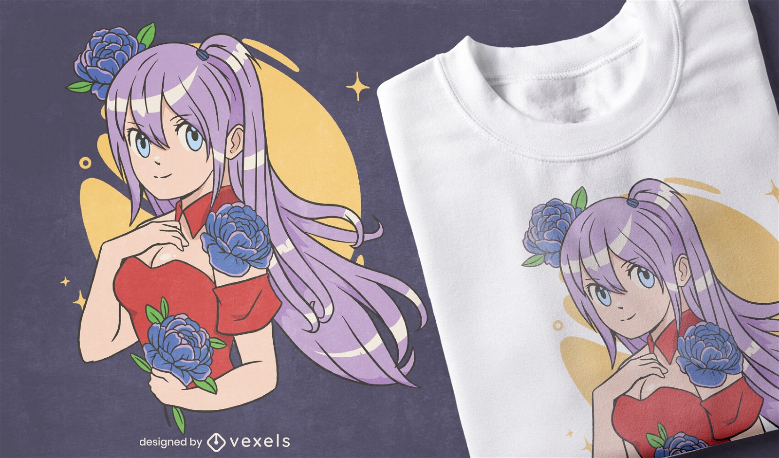 Design floral de t-shirt de menina de anime