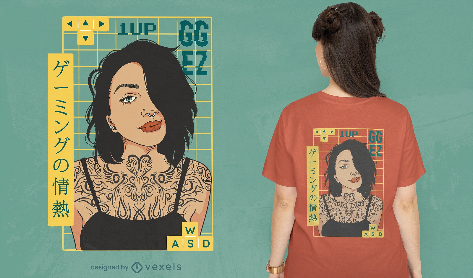 Mulher gamer com design de t-shirt de tatuagens