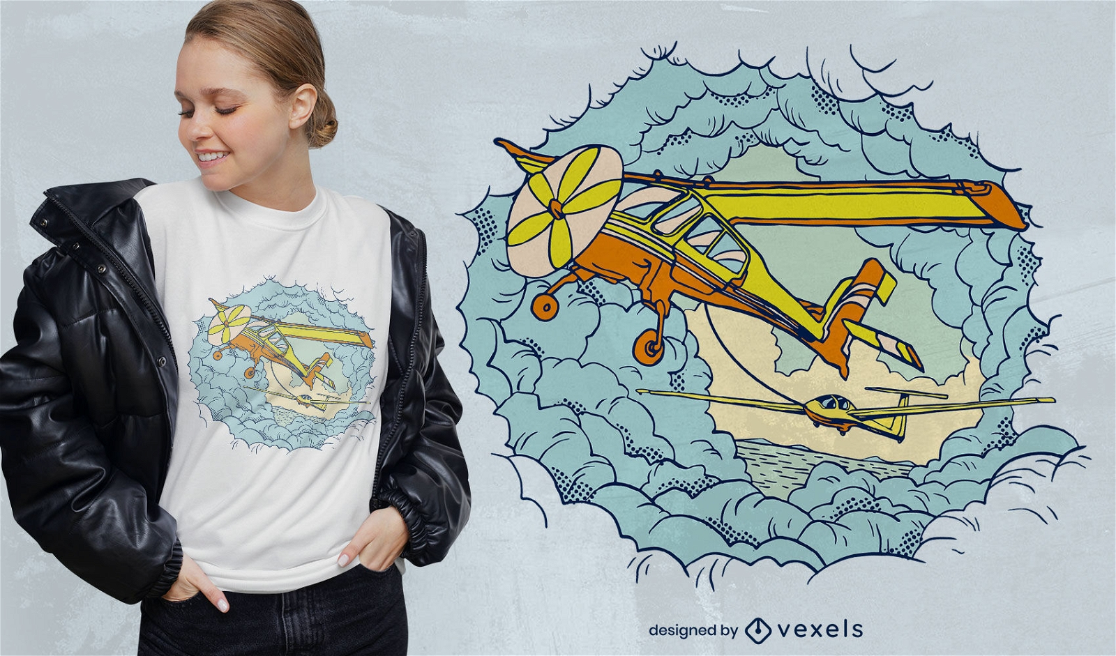 Design de camiseta de avião voando nas nuvens
