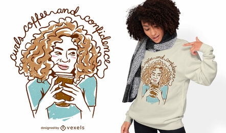 Garota de cabelo encaracolado com design de camiseta de bebida de café