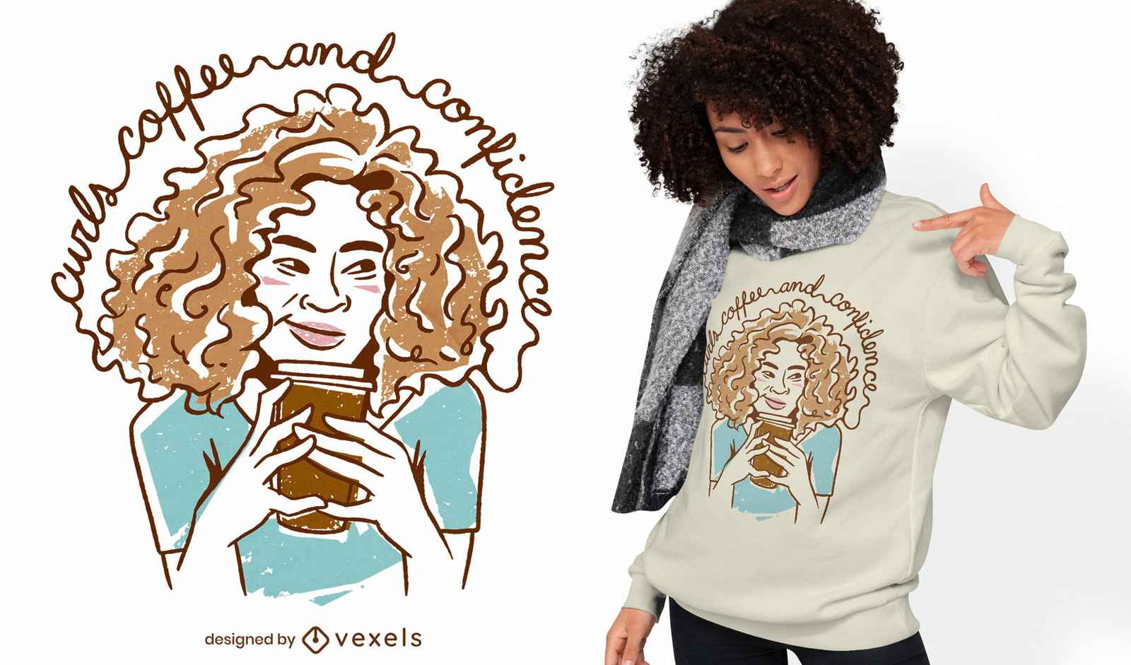 Chica de pelo rizado con diseño de camiseta de bebida de café.