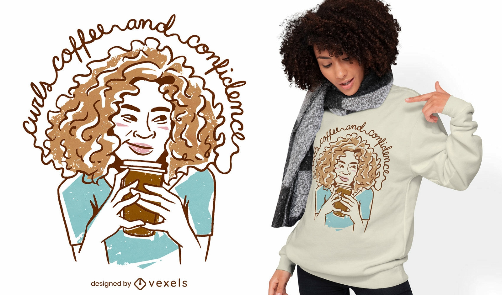 Curly hair girl with coffee drink t-shirt design