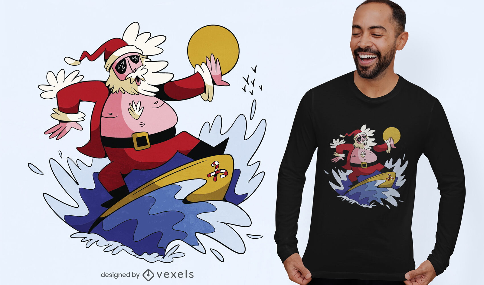 Diseño de camiseta navideña de santa claus surfeando