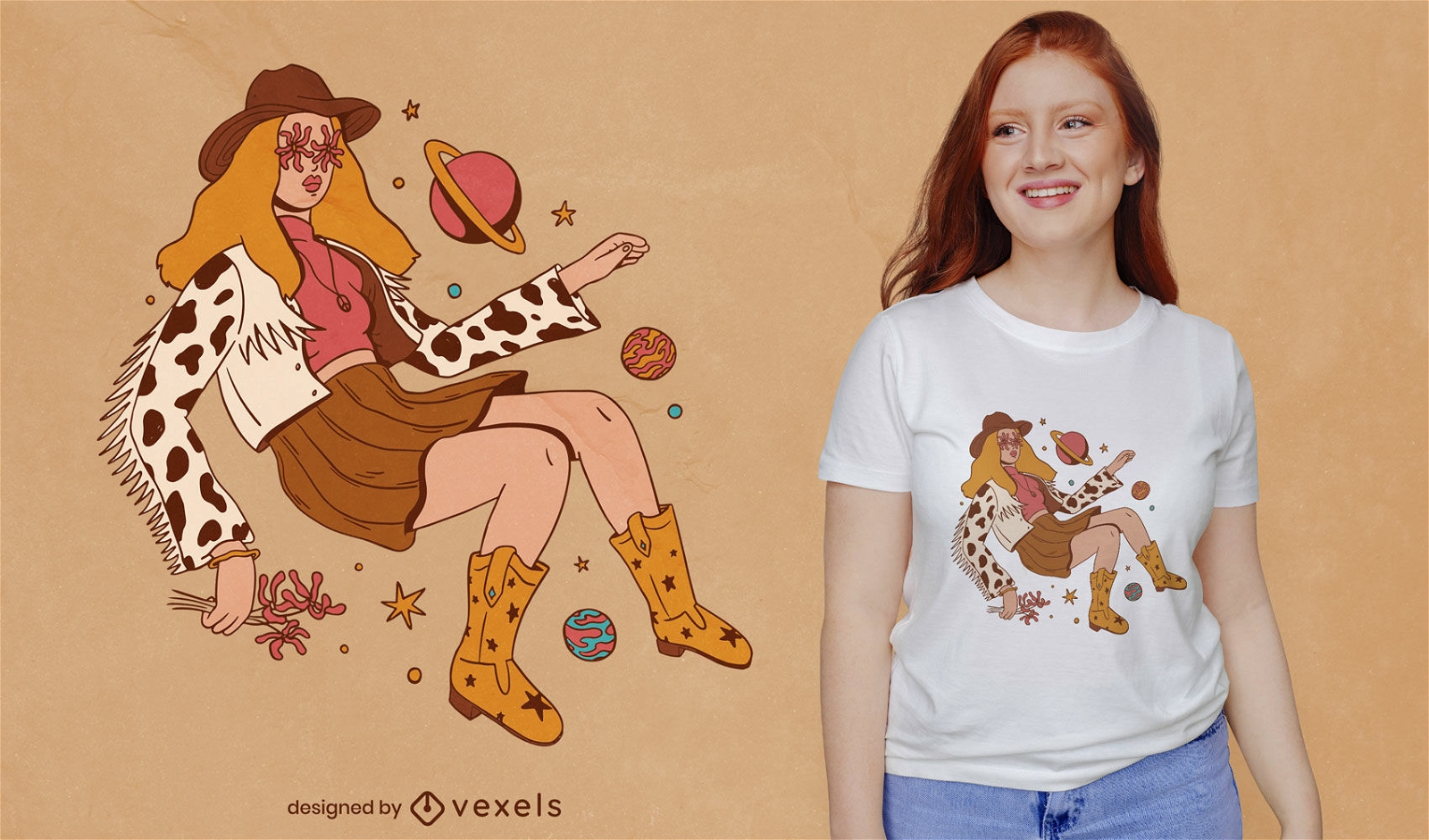 Hippie-Cowgirl im Weltraum-T-Shirt-Design