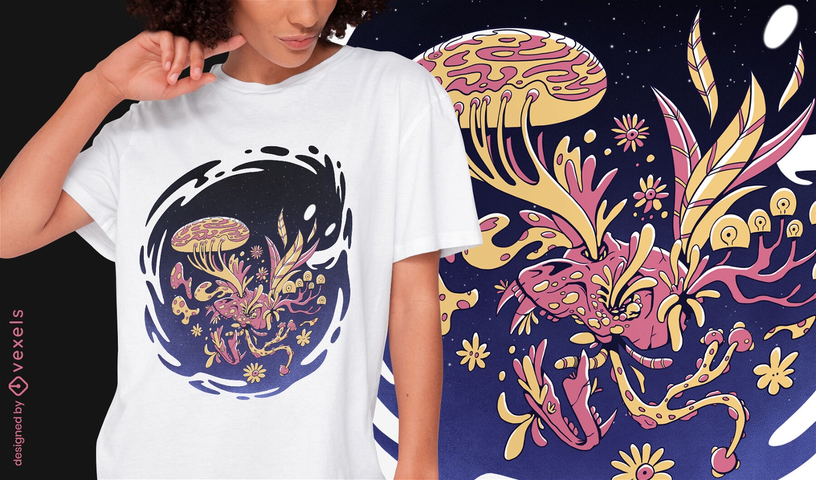 Design de t-shirt psd de monstro floral com caveira