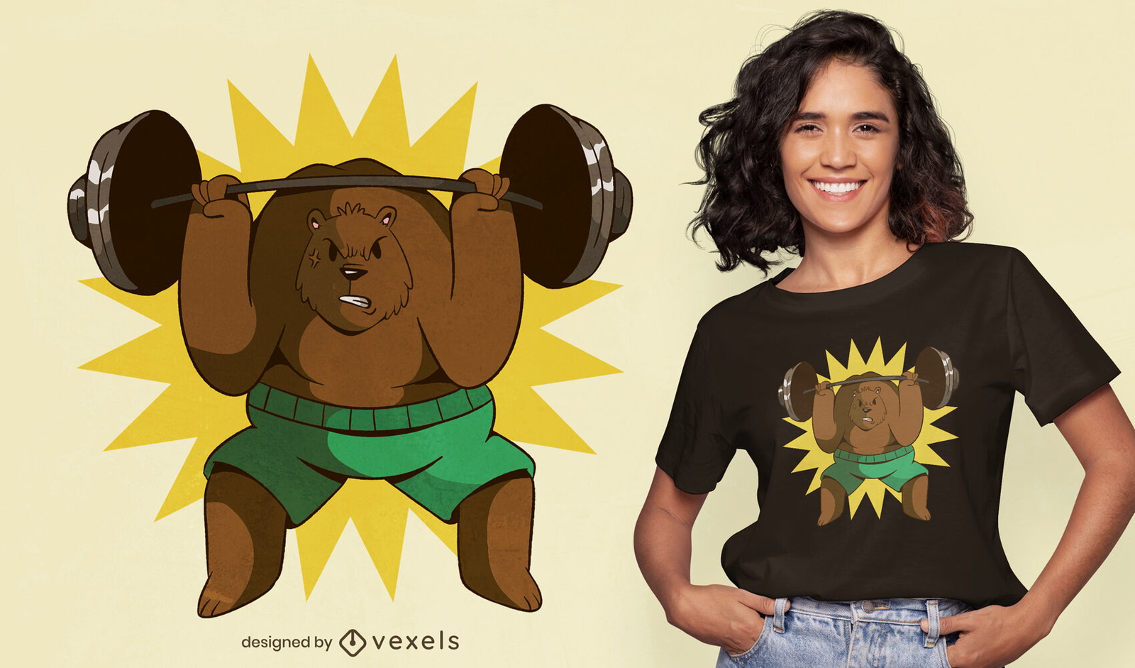 Diseño de camiseta deportiva de levantamiento de pesas de oso.