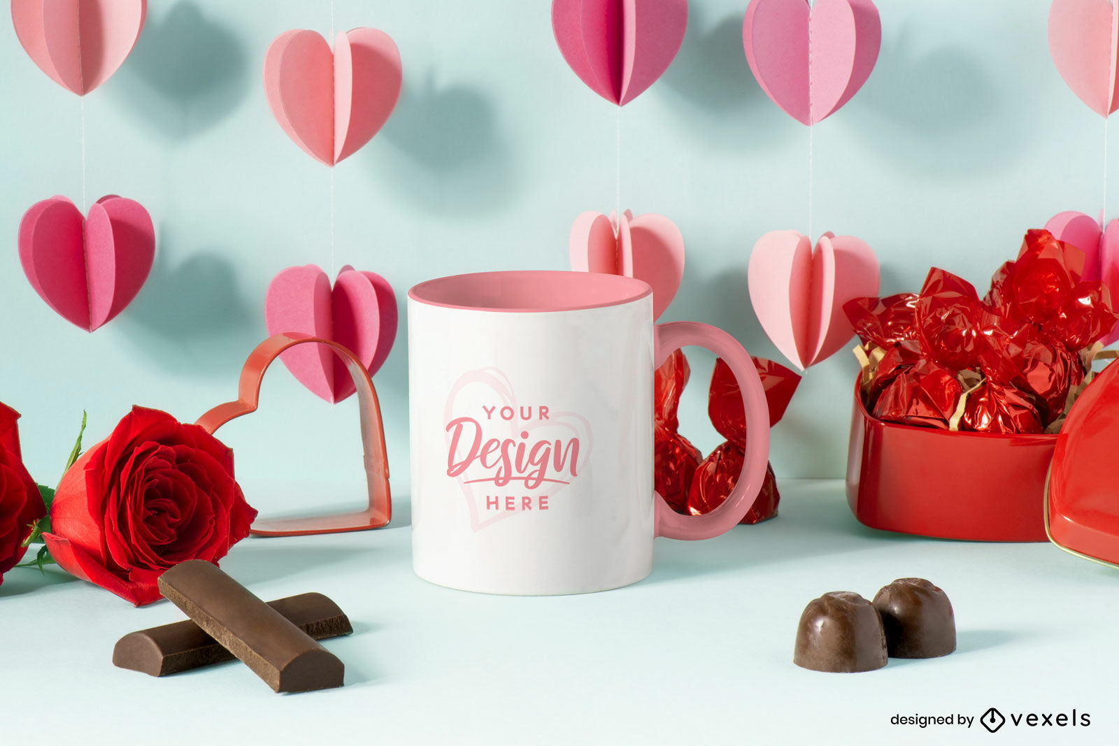 Maqueta de taza de cajas de chocolate para el día de san valentín