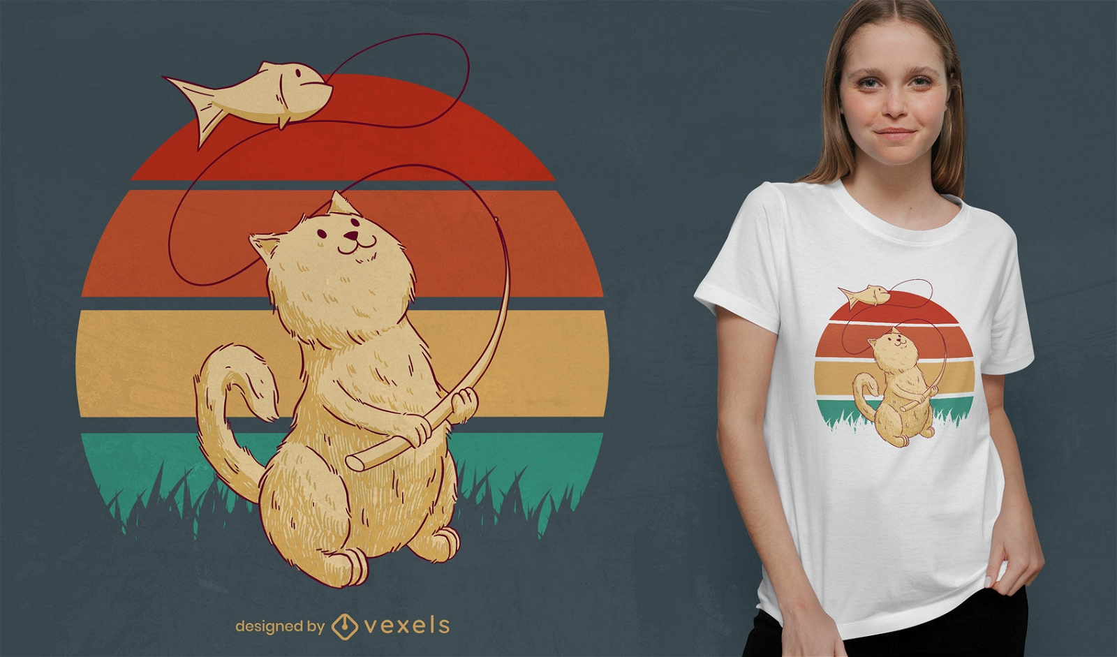 Cute cat animal fishing t-shirt design
