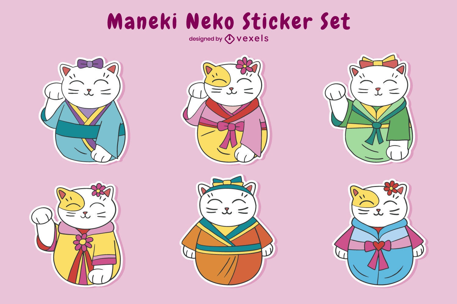 Traditional japanese cats sticker set
