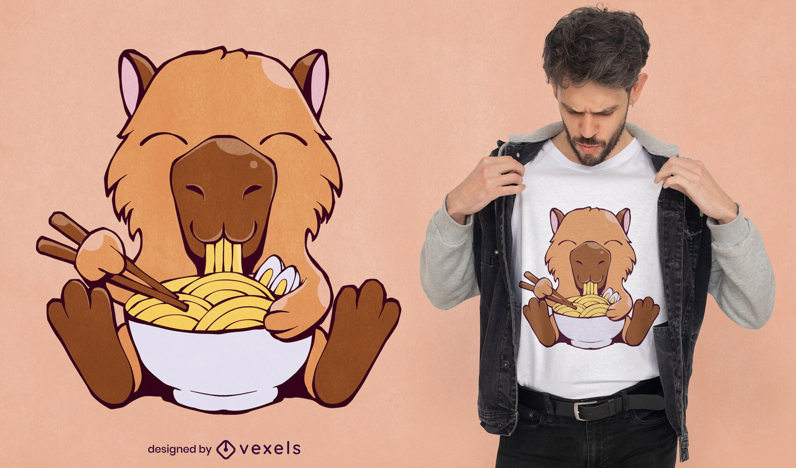 Diseño de camiseta de ramen comiendo animales carpincho