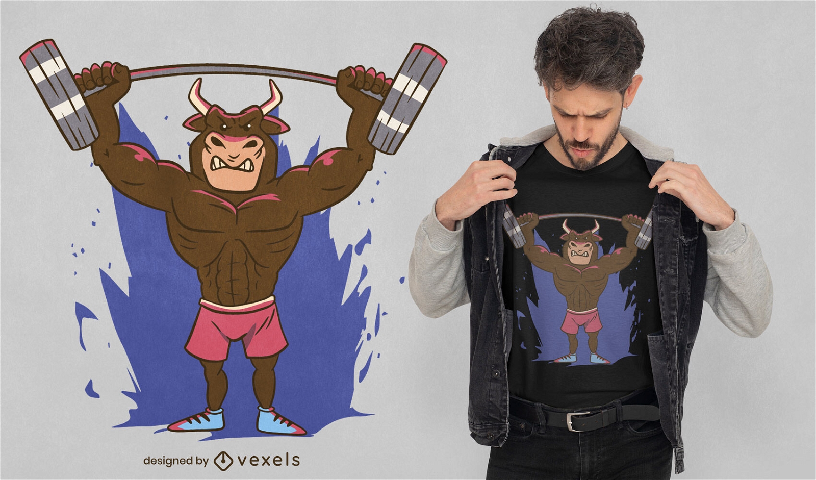Diseño de camiseta de levantamiento de pesas de animales de toro.